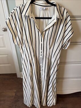 Nine West Cream and Black Vertical Stripe Shirt Dress